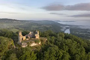 France, Occitanie, Lot, aerial view of the Taillefer ruins & Dordogne river
