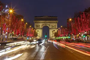 Arc De Triomphe Prints: France, Paris, Arc de Triomphe, Avenue de Champs-Elysee at Christmas