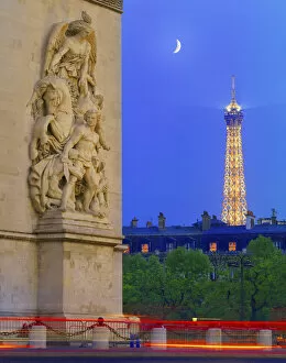 Images Dated 27th July 2011: France, Paris, Arc de Triomphe and Eiffel Tower illuminated at night, close-up