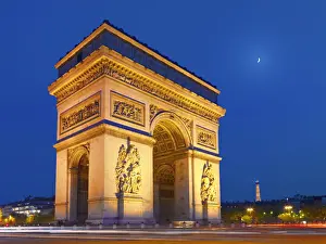 Eiffel Tower Prints: France, Paris, Arc de Triomphe and Eiffel Tower illuminated at night