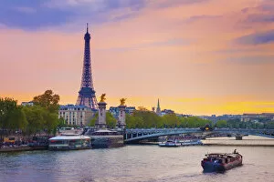 Images Dated 2019 April: France, Paris, Eiffel Tower and River Seine at dusk