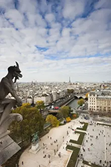 France, Paris, elevated city view from the Cathedrale Notre Dame cathedral with gargoyles