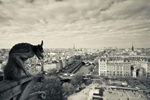 France, Paris, elevated city view from the Cathedrale Notre Dame cathedral with gargoyles