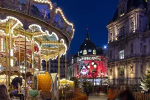 France, Paris, Hotel de Ville, BHV store and christmas fair at night