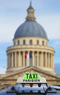 Latin Quarter Prints: France, Paris, Latin district, the Pantheon with taxi infront