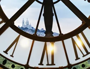 Paris Prints: France, Paris, Musee d orsay, Giant ornamental clock and Basilique Du Sacre Coeur