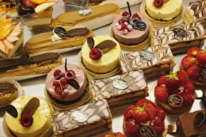 France, Paris, Pastries Display in Patisserie Shop Window