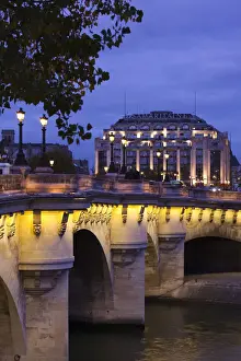 Seine River Prints: France, Paris, Pont Neuf bridge and Samaritaine department store