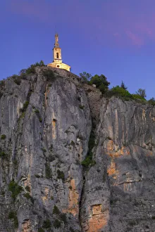 France, Provence, Alpes Cote d Azur, Castellane, Notra dame du Roc at dusk