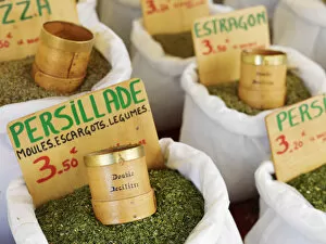 Images Dated 24th October 2019: France, Provence, Alpes Cote d Azur, Castellane, Herbs and spices at market stall