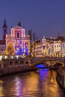 Christmas Lights Prints: Franciscan Church of the Annunciation and Triple Bridge or Tromostovje adorned with