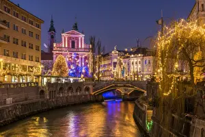 Franciscan Church of the Annunciation and Triple Bridge or Tromostovje adorned with