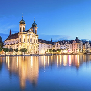 Lucerne Prints: Franz Xaver Jesuit Church and Reuss River at dusk, Lucerne, Switzerland