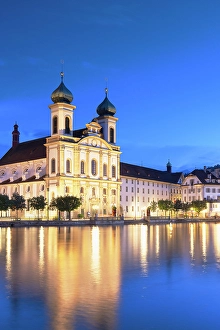 Religious Architecture Prints: Franz Xaver Jesuit Church and Reuss River at dusk, Lucerne, Switzerland