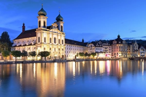 Lucerne Prints: Franz Xaver Jesuit Church and Reuss River at dusk, Lucerne, Switzerland