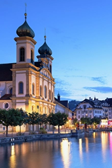 Lucerne Prints: Franz Xaver Jesuit Church and Reuss River at dusk, Lucerne, Switzerland