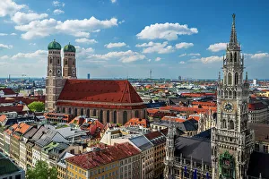 City Center Prints: Frauenkirche church and New City Hall, Munich, Bavaria, Germany