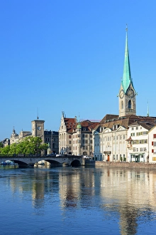 Limmat Prints: Fraumunster church and Munster Bridge on Limmat River, Zurich, Switzerland
