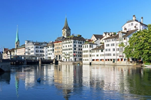 Limmat Prints: Fraumunster church, St Peter church on Limmat River, Zurich, Switzerland