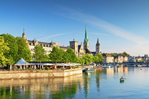 1 Person Prints: Fraumunster church, St Peter church on Limmat River, Zurich, Switzerland