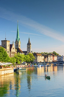 1 Person Prints: Fraumunster church, St Peter church on Limmat River, Zurich, Switzerland