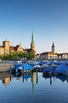 Vessels Prints: Fraumunster church, St Peter church on Limmat River, Zurich, Switzerland