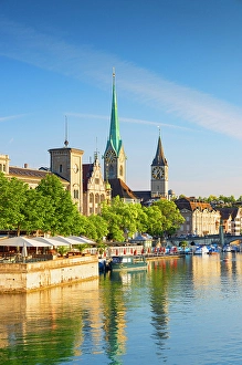 Vessels Prints: Fraumunster church, St Peter church on Limmat River, Zurich, Switzerland