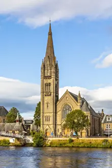 Inverness Prints: Free Church of Scotland and Greig Street Bridge on the river Ness, Inverness, Scotland