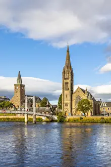 Inverness Prints: Free Church of Scotland, Old High Church and Greig Street Bridge on the river Ness