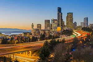 Traffic Prints: Freeway traffic and downtown skyline at dusk, Seattle, Washington, USA