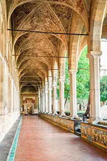 Catholicism Prints: Frescos on the arched ceiling and walls in the cloister of Santa Chiara monastery
