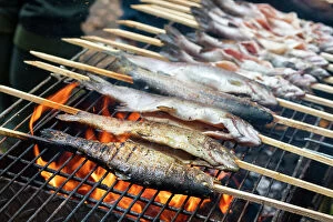 Images Dated 14th July 2023: Fresh fish on grill at food stand during fish harvest, Rozmberk Pond, Trebon