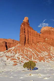 Majestic Prints: Fresh snow on Chimney Rock, Capitol Reef National Park, Utah, USA