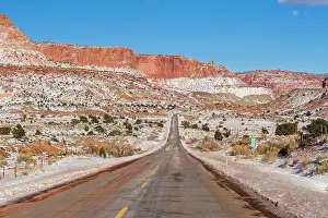 Highways Prints: Fresh snow in the desert with Highway 24, Capitol Reef National Park, Utah, USA