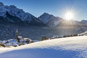 Fresh snow in the village of Sent, Lower Engadine, Canton of Grisons, Switzerland, Europe