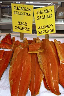 Fish Market Prints: Fresh Wild Salmon on sale in Bergens famous Fish Market, Bergen, Hordaland, Norway