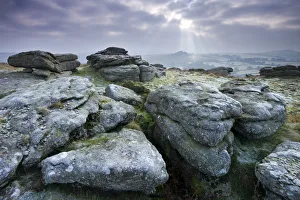 Frosted granite outcrop on Hayne Down, looking towards Hound Tor, Dartmoor National Park