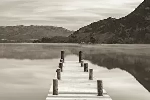 Frosty jetty on Ullswater at dawn, Lake District, Cumbria, England. Winter (November)