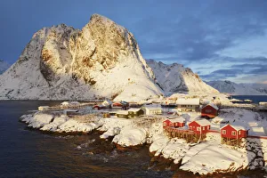 Lofoten Prints: Frosty mountains and fishing huts on Hamnoya - Norway, Nordland, Lofoten, Moskenesoya