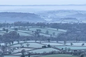 Devon Prints: Frosty rolling countryside near Sourton, Devon, England. Winter (January) 2019