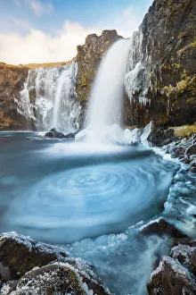 Kirkjufellsfoss Prints: Frozen Kirkjufellsfoss, Grundafjordur, Snaefellsnes peninsula, Vesturland region, Iceland