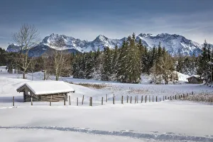 Winter Forest Prints: Frozen lake Geroldsee near Kruen, Upper Bavaria, Bavaria, Germany