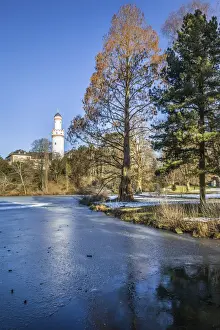 Rhine Main Prints: Frozen pond in the palace gardens of Bad Homburg vor der Hoehe with white tower