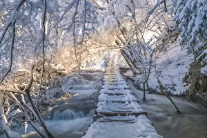 Frozen walkway of Plitvice Lakes National Park, Plitvicka Jezera, Lika and Senj County
