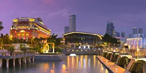 5 Star Hotel Prints: Fullerton Hotel and Marina Bay at dusk, Singapore