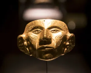 Colombia Prints: Funeral Mask Exhibit in The Gold Museum, Bogota, Cundinamarca, Colombia, South America