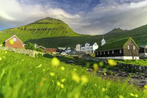 Residential Building Prints: Funningur church and village surrounding by flowering meadows in summer