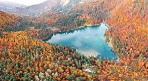 Environment Prints: Fusine Lakes in Autumn, Friuli Venezia Giulia, Italy. Aerial view