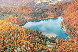 Udine Prints: Fusine Lakes in Autumn, Friuli Venezia Giulia, Italy. Aerial view