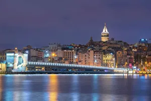 Turkiye Prints: Galata Bridge and Galata Tower at twilight, Beyoglu District, Istanbul Province, Turkey